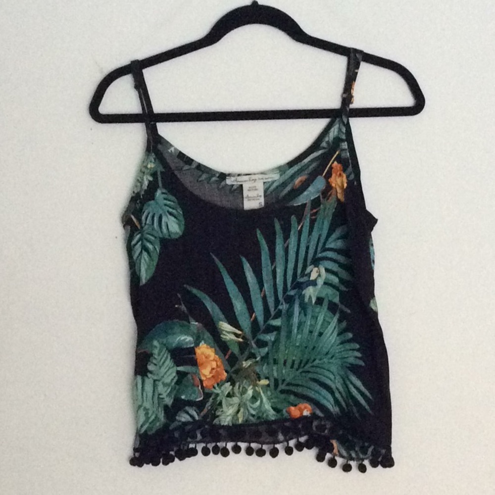 American Rag Pom Pom Top w/ Tropical Print